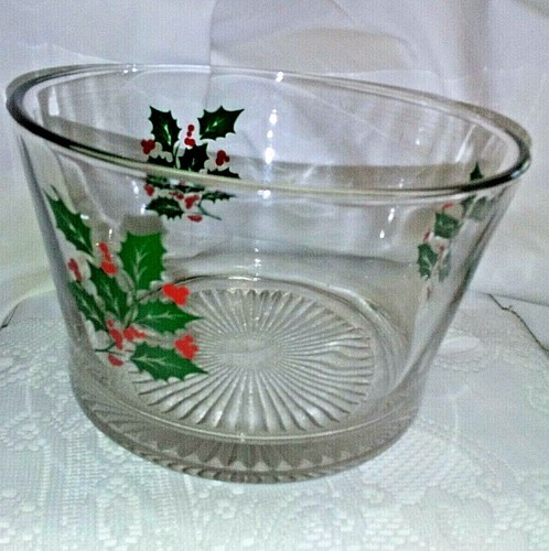 Mid Century Vtge Indiana Glass Christmas Holly Ice Bucket Candy Nut Serve Bowl - Picture 2 of 7