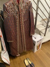 Men s Indian Pakistani Sherwani Kurta Maroon Gold Heavy Wedding Outfit w/ Shoes