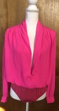 neon pink bodysuit top plunging neckline long sleeves large