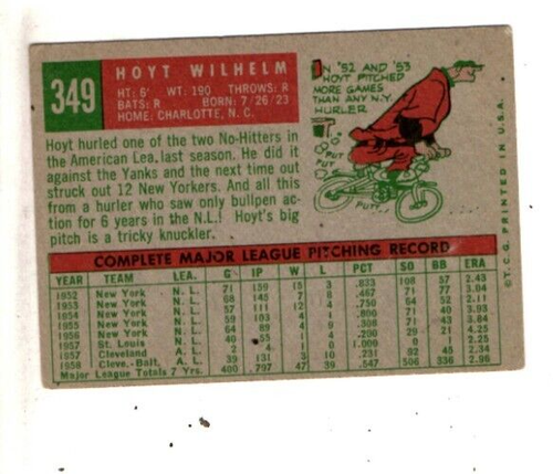 TOPPS - 1959 HOYT WILHELM - BALTIMORE ORIOLES - TOPPS #349 TRADING CARD - Picture 2 of 2