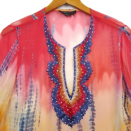 BCBGMaxAzria Tunika Damen L 100 % Seide bestickt Batik transparent Cover Up Top - Bild 3 von 13