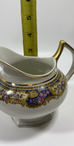 Vintage T & V Limoges La Cloche Sugar Bowl And Creamer Blue, Gold & Pink Roses - Picture 15 of 15