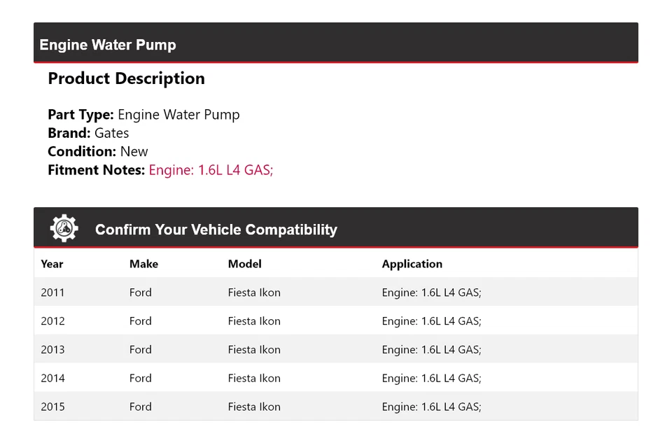 Para Ford Fiesta Ikon 2011-2015 1,6 L L4 Motor Gas Bomba Agua Puertas 2012 2013 Foto 2 de 4