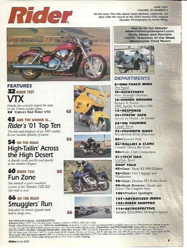 Rider Magazine June 2001- Honda VTX, Yamaha FZ-1 - Picture 2 of 2