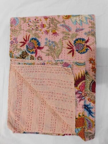 Cotton Peach Color Mukut Print Kantha Quilt, Bedspread Throw Blanket - Picture 1 of 4
