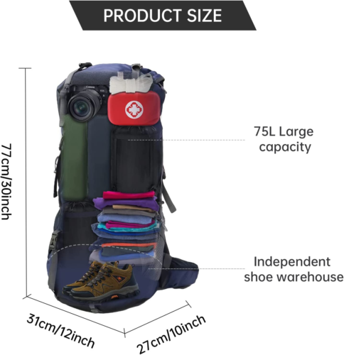 Hiking Backpack for Men and Women 70L+5L Waterproof Lightweight Camping Daypack - Picture 3 of 8