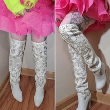9 Thomas Wylde Runway Over-the-Knee Boots White Leather Gold Studs Edgy Design