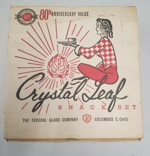 Vintage Woolworth's 80th Anniversary Federal Glass Snack Set Crystal Leaf 1959