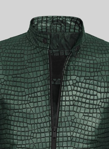 LUSTROUS CROC METALLIC GREEN CLASSIC BIKER STYLE LAMBSKIN LEATHER JACKET FOR MEN - Picture 3 of 10