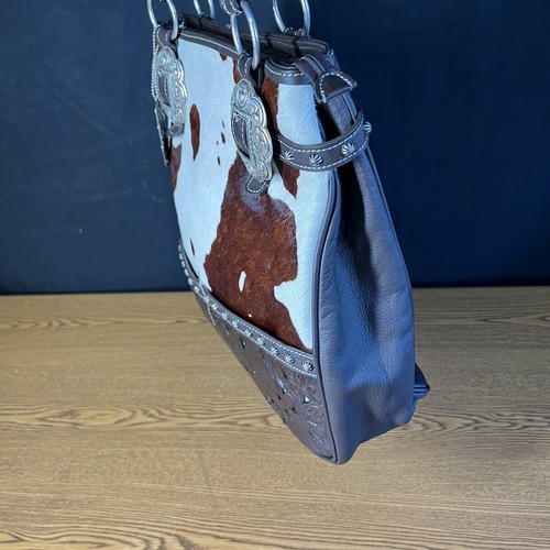 American West Brown Hand Tooled Leather Cow Print Purse Shoulder Bag Tote NEW - Picture 5 of 12