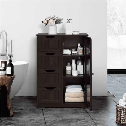 Wooden Bathroom Storage Cabinet with 4 Drawers & Cupboard, Espresso - Picture 2 of 13