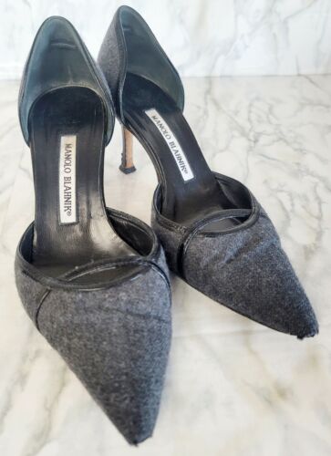 MANOLO BLAHNIK Gray & Black Tweed Heels Slingbacks 36.5 sex in the city shoes !