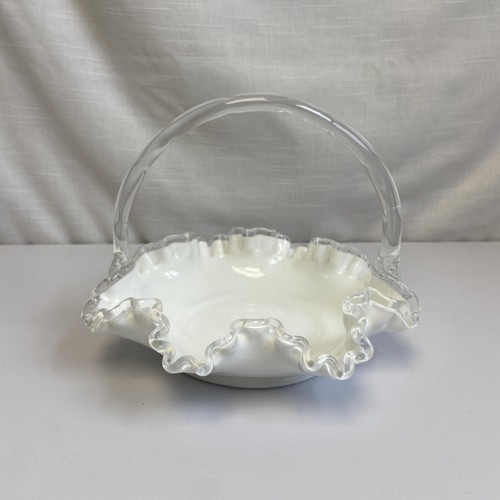 Vintage Fenton Silver Crest Milk Glass Basket Ruffled Edges & Clear Handle EUC - Picture 1 of 9