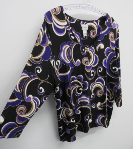CHICO'S TOP TEE WOMENS 3 L LARGE BLACK PURPLE BEIGE SWIRLS V-NECK 3/4 SLEEVE - Picture 2 of 8