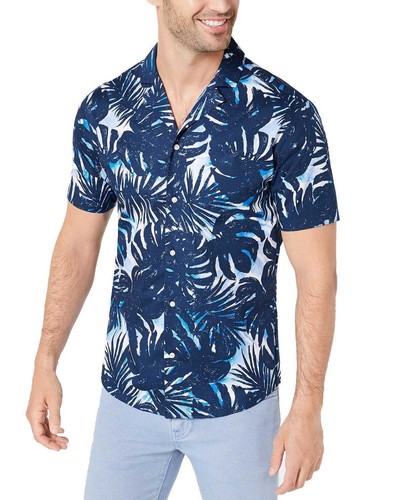Michael Kors Men’s Slim-Fit Stretch Palm-Print Camp Shirts - Picture 2 of 3