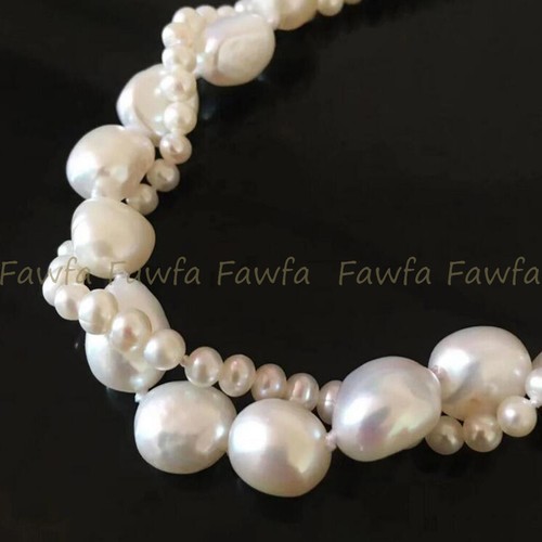 2 Rows Real Natural 4-5mm 11-12mm White Freshwater Baroque Pearl Bracelets 7.5" - Picture 6 of 6