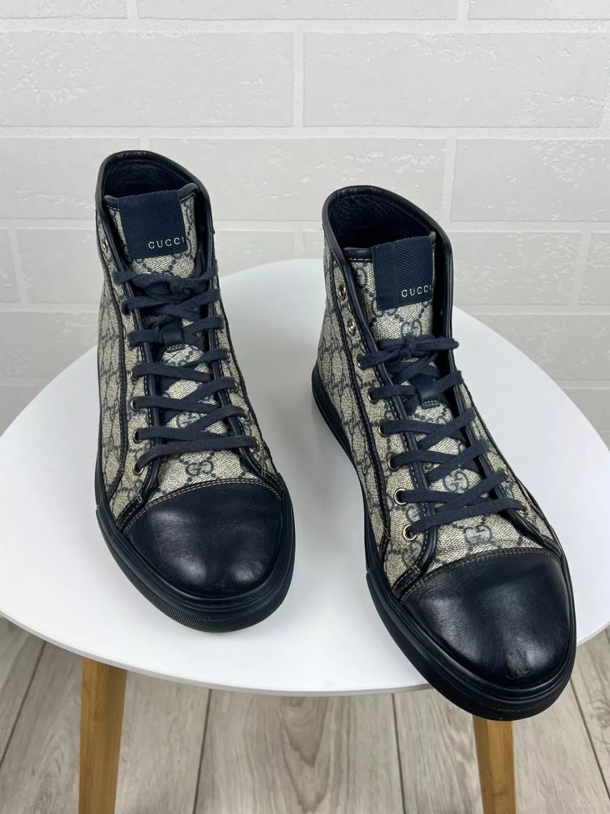 Baskets GUCCI Hi Top Cuir GG Monogramme Toile Marine Homme Taille US 9,5 (27,5cm)