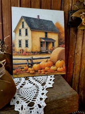 OLD FOLK  ART PRIMITIVE VINTAGE STYLE FALL THANKSGIVING FARM HOUSE PUMPKINS SIGN