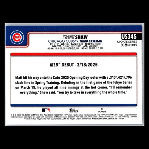 2025 Topps Update Series • #US345 Matt Shaw RC (Rookie Debut) • Chicago Cubs - Picture 2 of 2