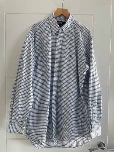 Polo vintage Ralph Lauren 15,5 manica lunga camicia bocca a ya 100% cotone blu check - Foto 1 di 8