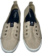Sperry Tan Blue  Women’s slip on shoes 3 Lace Size 8.5 Canvas