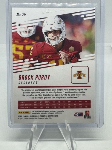 2022 Panini Chronicles Draft Picks #25 Brock Purdy Prestige BLUE 56/99 - Picture 2 of 2