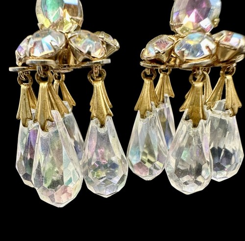 Vintage Aurora Borealis Crystal Rhinestone Briolette Dangle Chandelier Earrings - Picture 5 of 12