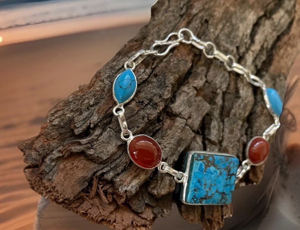 Браслет с бирюзой и сердоликом из драгоценных камней длиной 19 см - посеребренный - новый - Изображение 2 из 4