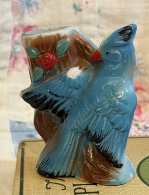 Vtg MCM 50s 3  Figural Bud Vase Blue Jay Bird On Tree Stump Impressed Japan