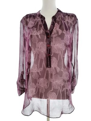 Boho Longshirt Tunika Lila Blumen Chiffon V-Ausschnitt Langarm Knopfleiste 40