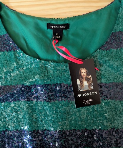 I Heart Ronson grün und blau gestreiftes Pailletten Top, XL, neu mit Etikett - Bild 6 von 9