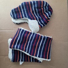 Boys Multi Color Striped Winter Trapper Faux sherpa lining Hat  Scarf Size 4-6x