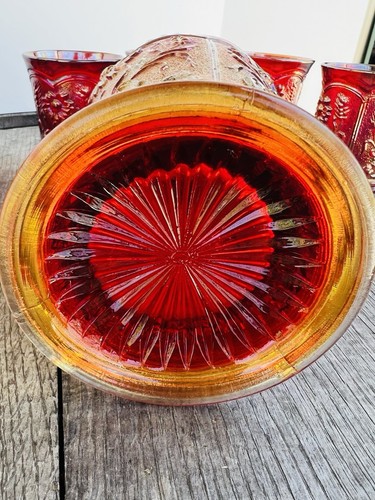 VTG Imperial Carnival Glass~ Field Flowers~RubyRed Iridescent~Pitcher~6 Tumblers - Picture 7 of 14
