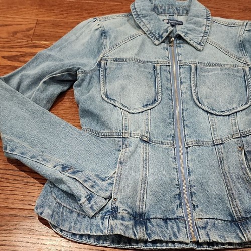 Democracy Cotton Light Blue Small Long Sleeve Zip Front Peplum Hem Denim Jacket - Picture 7 of 9