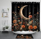 Night Starry Moon Butterfly Orange Floral Shower Curtain Set for Bathroom Decor