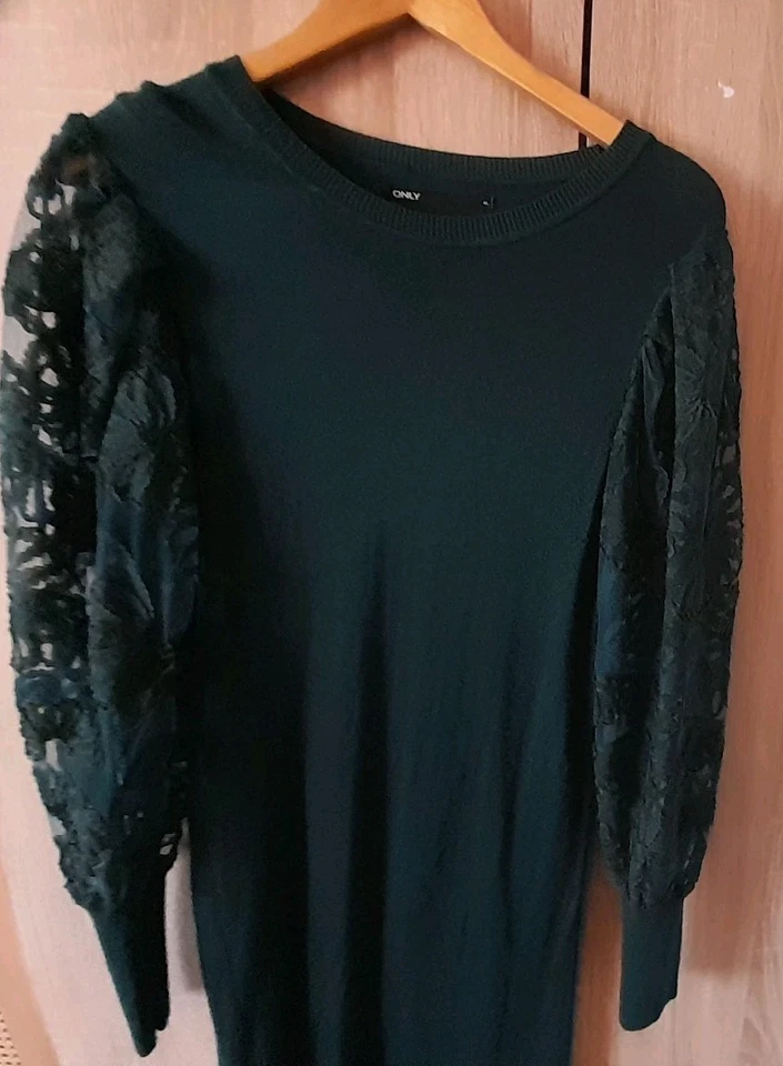 Strickkleid von ONLY Gr. XL Grün Smaragd, Feinstrick Festlich, Organza Ärmel - Bild 2 von 4