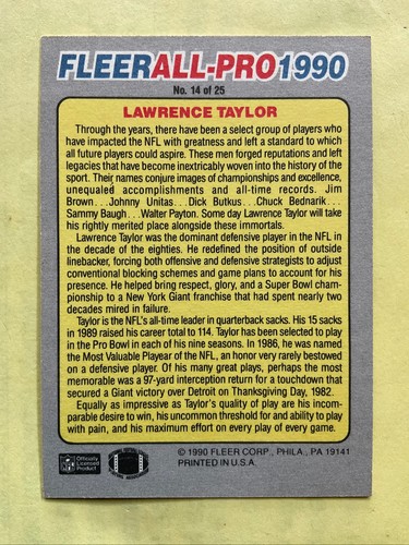 1990 Fleer All Pro Insert LAWRENCE TAYLOR New York GIANTS #14, HOFer - Picture 2 of 2