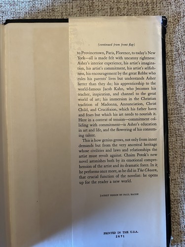 My Name is Asher Lev, by Chaim Potok,1st Ed., Vtg 1972,HCDJ,Beautiful - Picture 11 of 11
