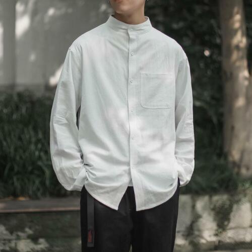 Harajuku Men's Long Sleeve Shirts Stand Up Collar Shirt Solid Oversized Blouses - Picture 1 of 12