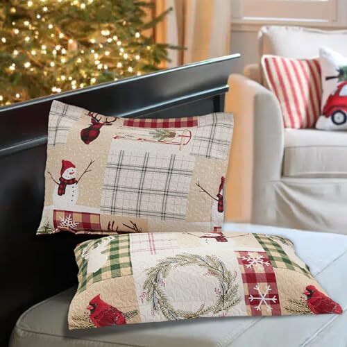 Size Christmas Quilt Set Reversible Xmas Bedspread Rustic Lodge King Beige Red - Bild 6 von 6