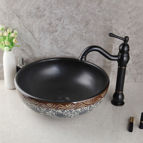 Rubinetto rubinetto miscelatore montato vaso in ceramica lavandino rotondo vasca da bagno ponte - Foto 5 di 6