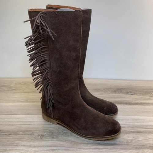 LUCKY BRAND grauer Fransenstiefel Größe 10M EU 40 dunkelbraunes Wildleder mittlere Wade zum Anziehen