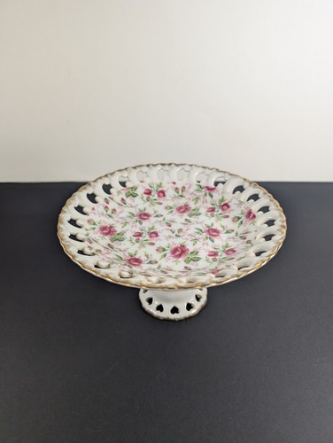 Vintage Lefton Pink Roses Floral Chintz Footed Plate Pedestal Serving Dish - Picture 2 of 11