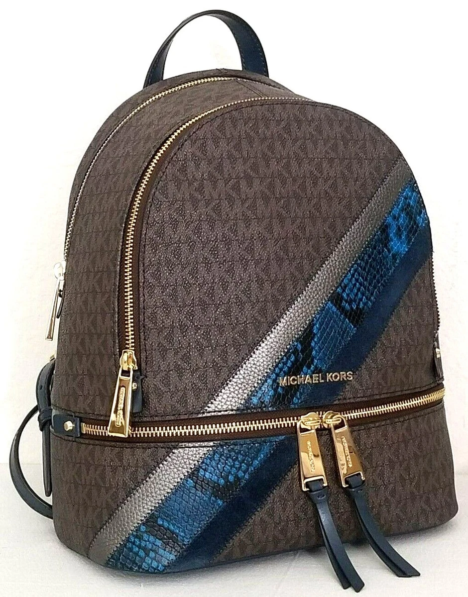 🌞MICHAEL KORS RHEA ZIP BACKPACK BROWN LOGO BLUE STRIPE TRAVEL SCHOOL  BAG🌺NWT