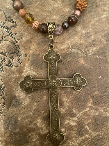 Vintage Mittelalter Bronze Kreuz Anhänger Topas Kristall Hämatit Perlen Halskette