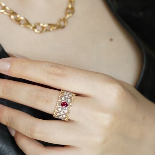 Vintage Hollow Argyle Lab Created Ruby Natural Diamond Lady Ring 14K 2-Tone Gold - Picture 9 of 9