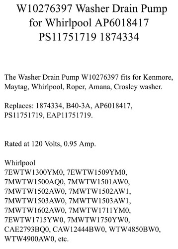 W10276397 Washer Drain Pump for Whirlpool AP6018417 PS11751719 1874334 - Picture 2 of 5