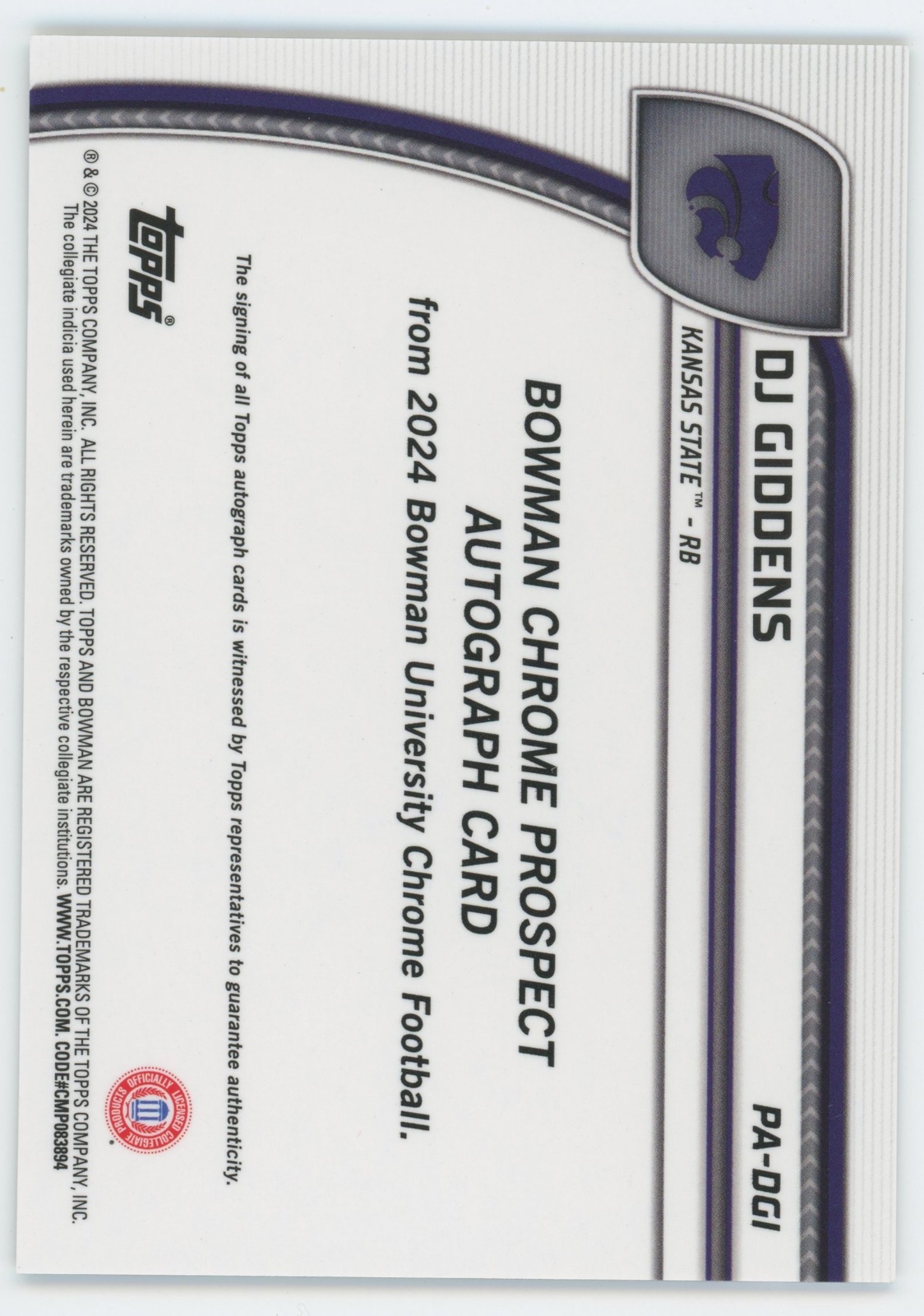 2024 Bowman Chrome U DJ Giddens Rookie Autograph Stealth Kansas State