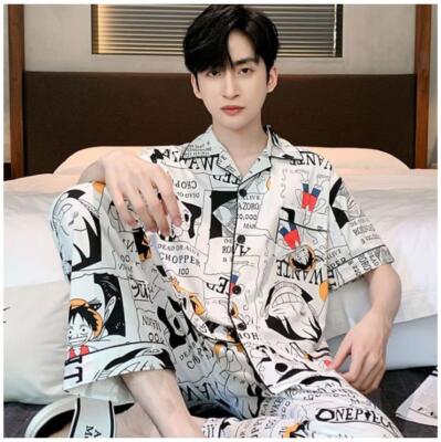 One Piece Pyjamaset voor jongens, tieners, leeftijd 7-14, 2-delige loungewear met T-shirt en pyjamabroek, loungeset, anime-cadeaus voor jongens, Zwart, 11-12 Years