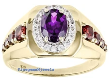 Natural Garnet & Amethyst Gemstones 925 Sterling Silver 18 k Gold Over Ring #282